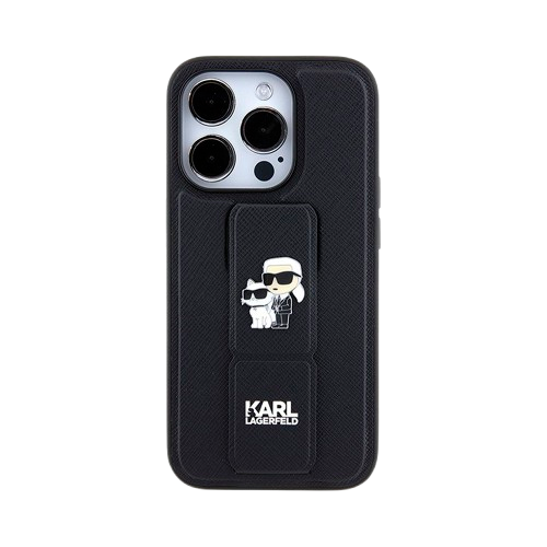 Karl Lagerfeld Gripstand Saffiano Karl&Choupette Pins case for iPhone 15 ProMax / 16 ProMax - black - Brown
