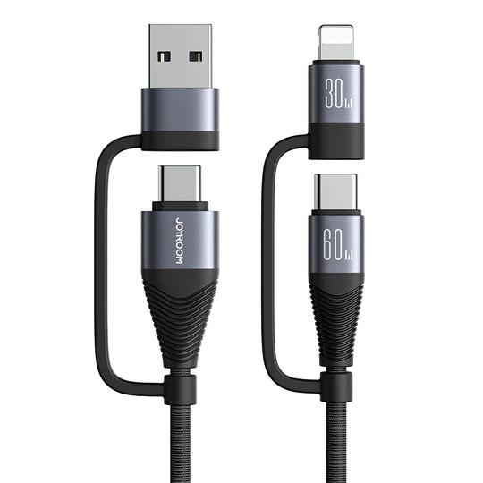 JOYROOM SA37-2T2 60W 4-in-1 Fast Charging Data Cable (USB-A+Type-C to Lightning+Type-C/Type-C to Lightning+Type-C) 1.2m-Black