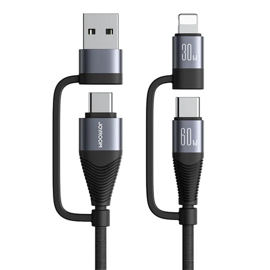 JOYROOM SA37-2T2 60W 4-in-1 Fast Charging Data Cable (USB-A+Type-C to Lightning+Type-C/Type-C to Lightning+Type-C) 1.2m-Black