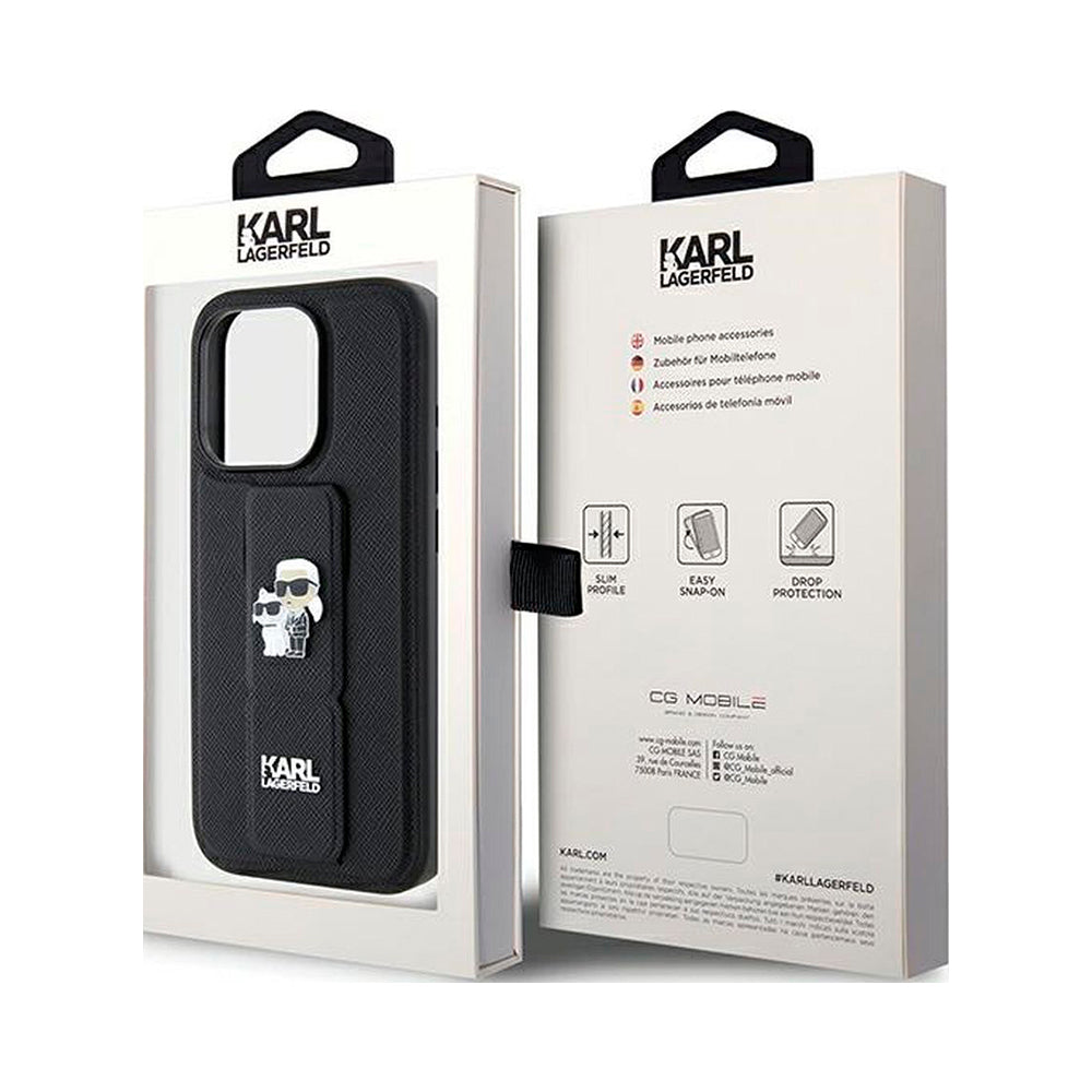 Karl Lagerfeld Gripstand Saffiano Karl&Choupette Pins case for iPhone 15 ProMax / 16 ProMax - black - Brown