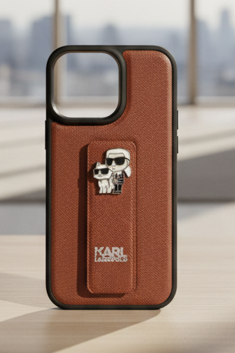 Karl Lagerfeld Gripstand Saffiano Karl&Choupette Pins case for iPhone 15 ProMax / 16 ProMax - black - Brown