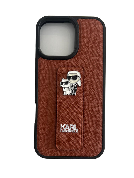 Karl Lagerfeld Gripstand Saffiano Karl&Choupette Pins case for iPhone 15 ProMax / 16 ProMax - black - Brown